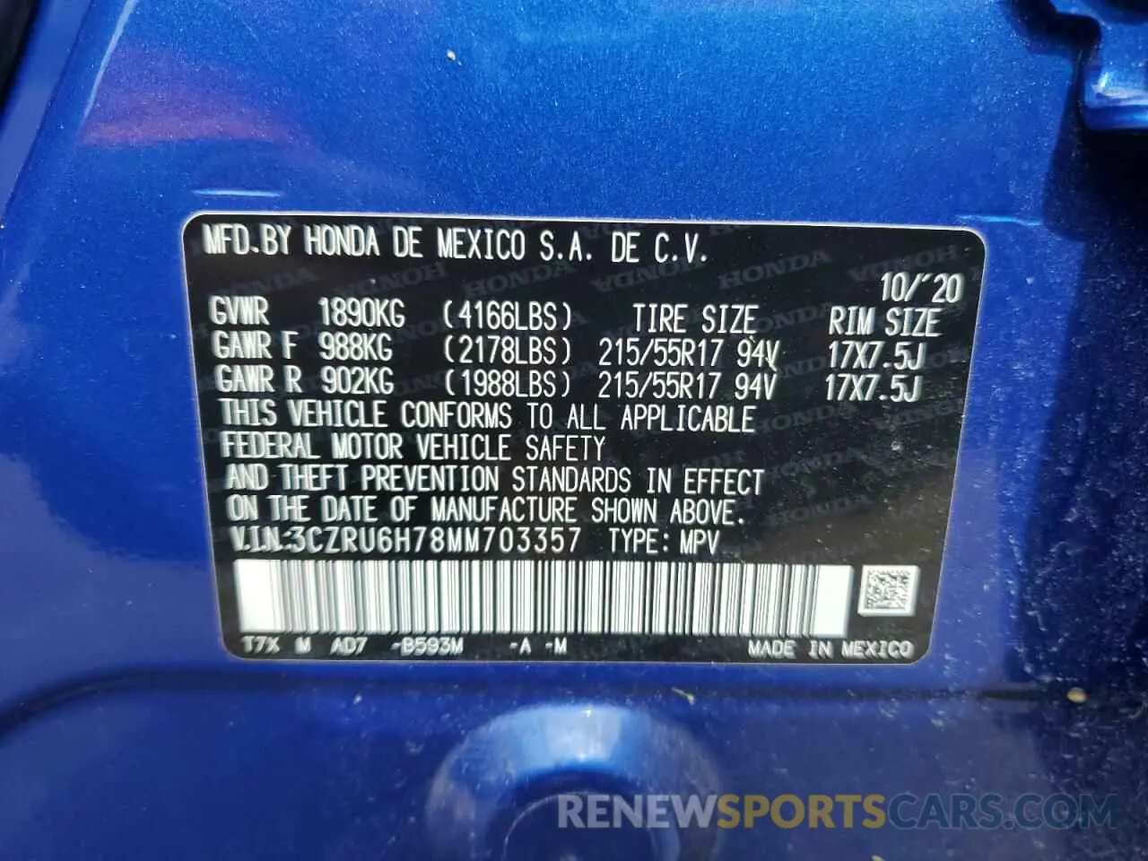 13 Photograph of a damaged car 3CZRU6H78MM703357 HONDA HR-V 2021