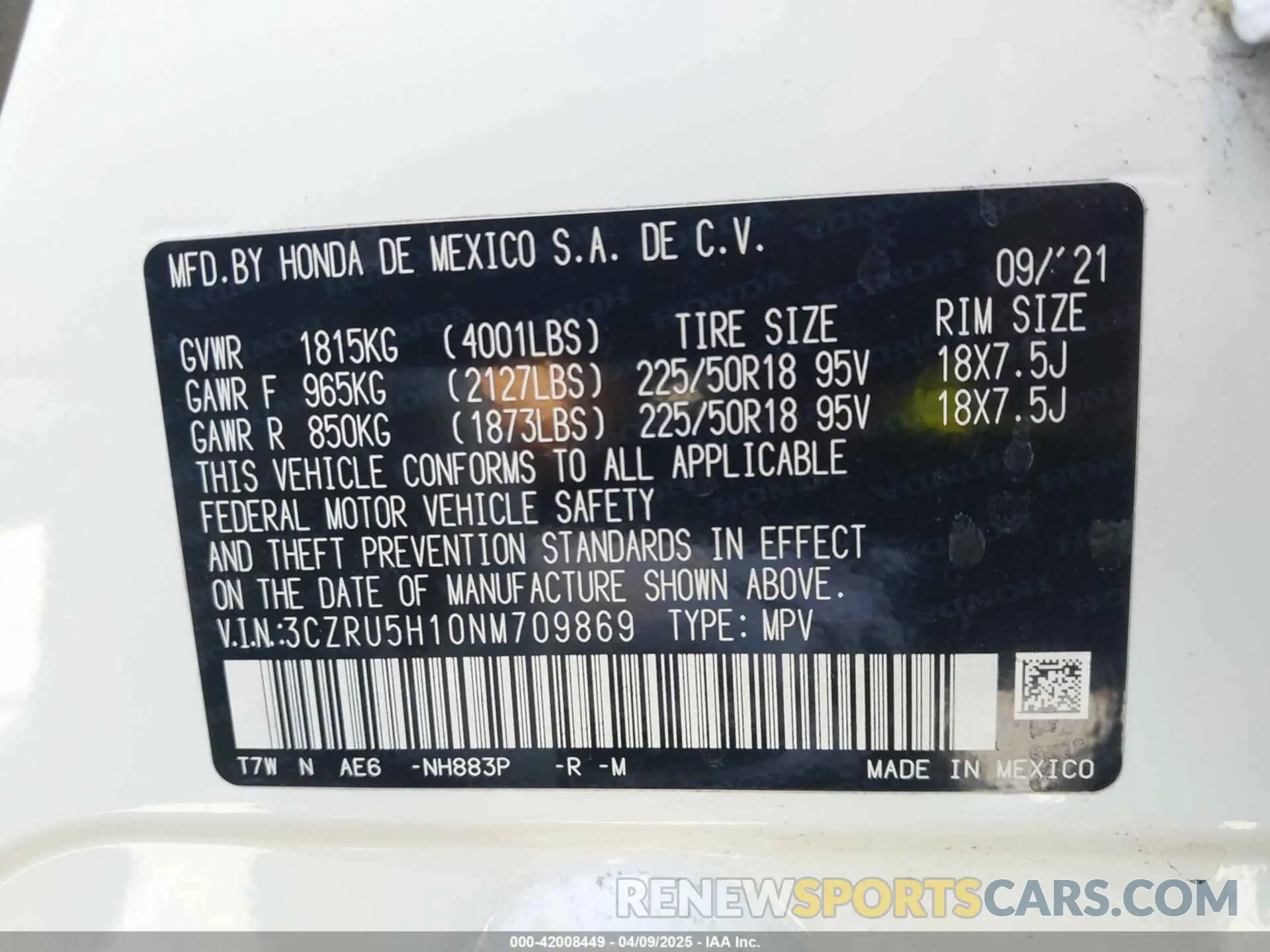 9 Photograph of a damaged car 3CZRU5H10NM709869 HONDA HR-V 2022
