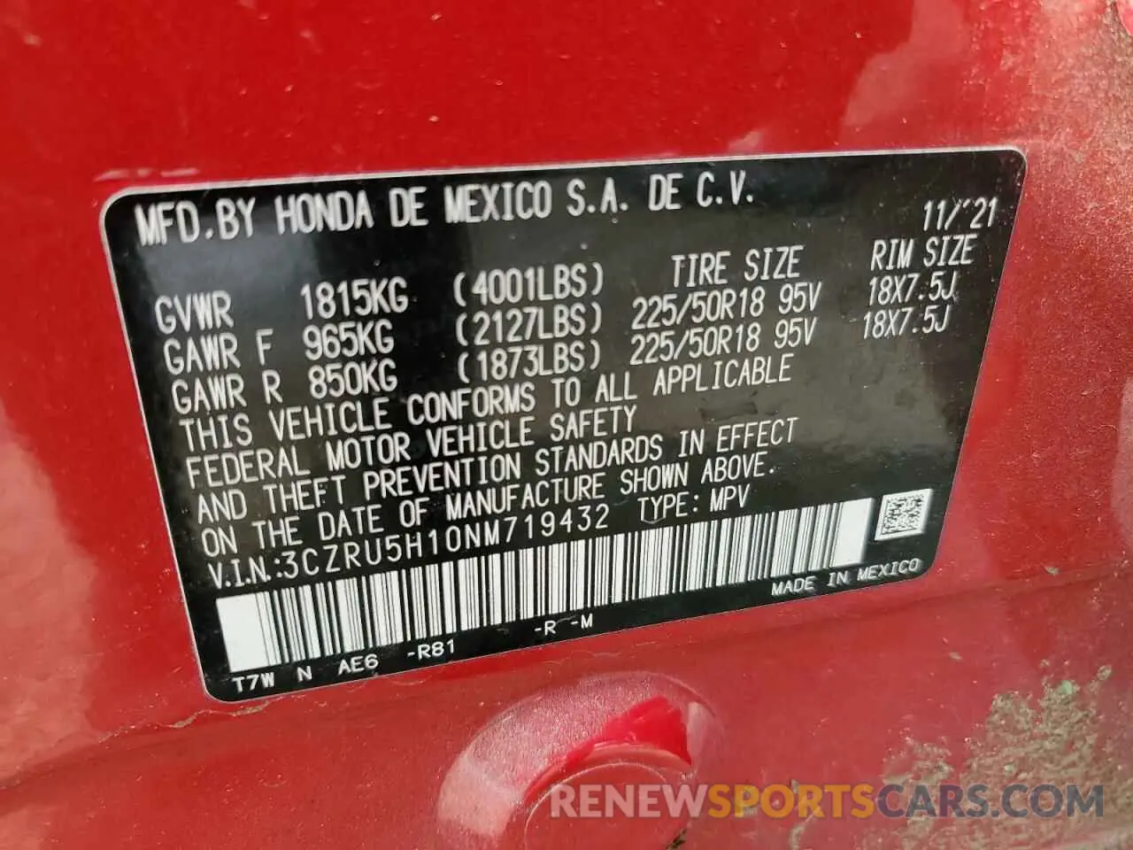 12 Photograph of a damaged car 3CZRU5H10NM719432 HONDA HR-V 2022