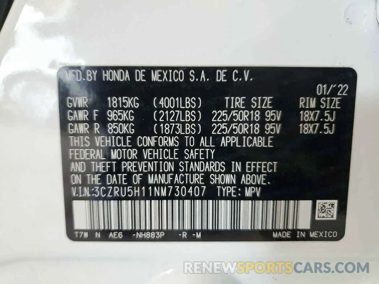 12 Photograph of a damaged car 3CZRU5H11NM730407 HONDA HR-V 2022