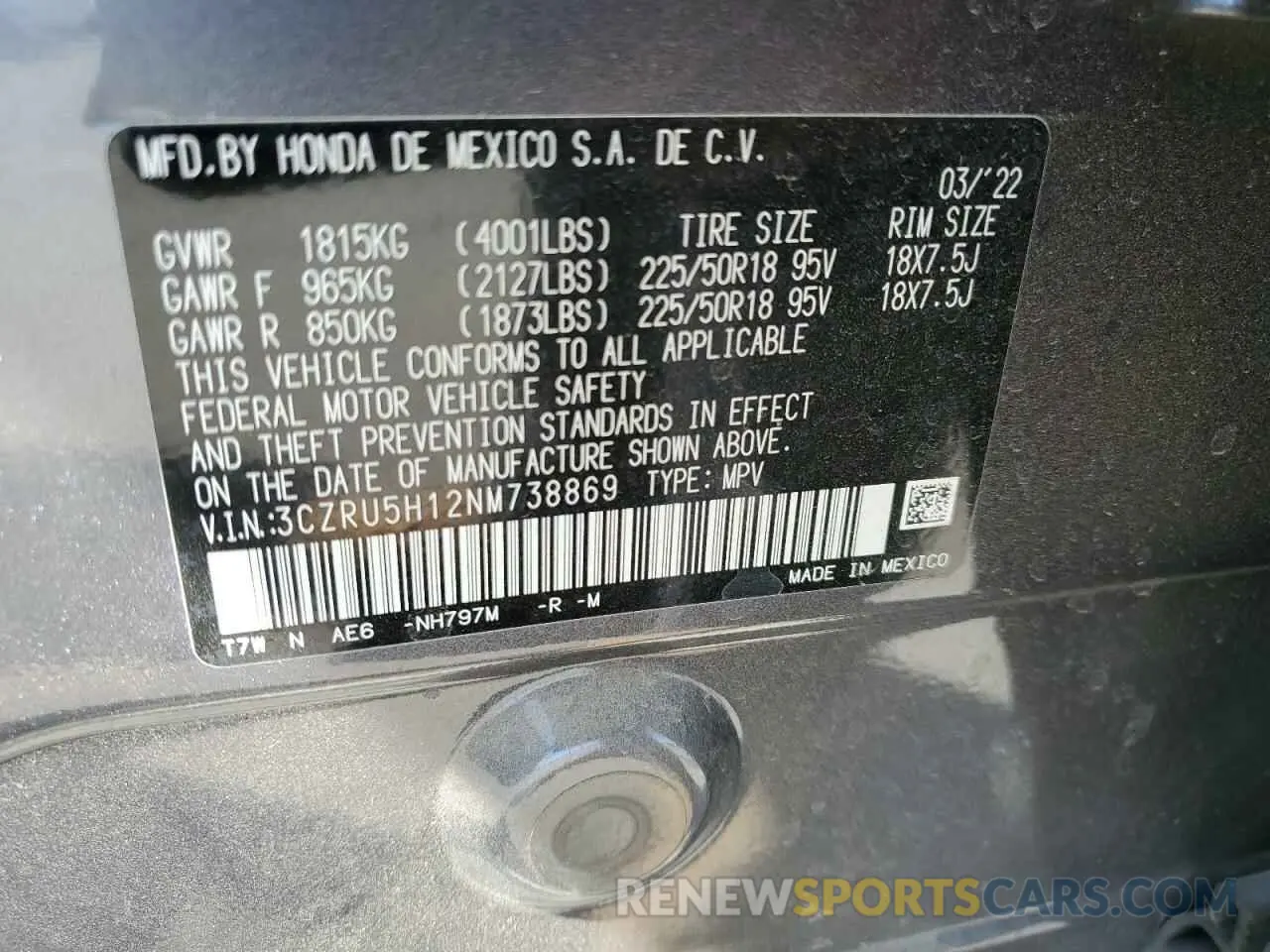 15 Photograph of a damaged car 3CZRU5H12NM738869 HONDA HR-V 2022