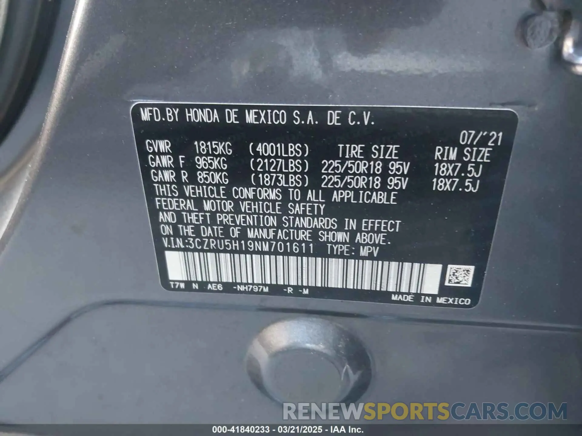 9 Photograph of a damaged car 3CZRU5H19NM701611 HONDA HR-V 2022