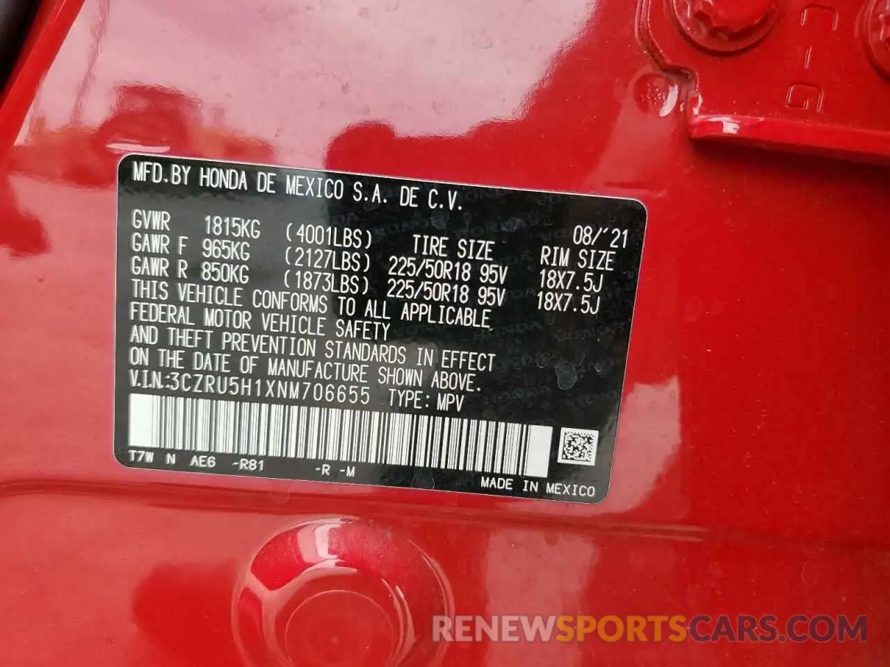 14 Photograph of a damaged car 3CZRU5H1XNM706655 HONDA HR-V 2022