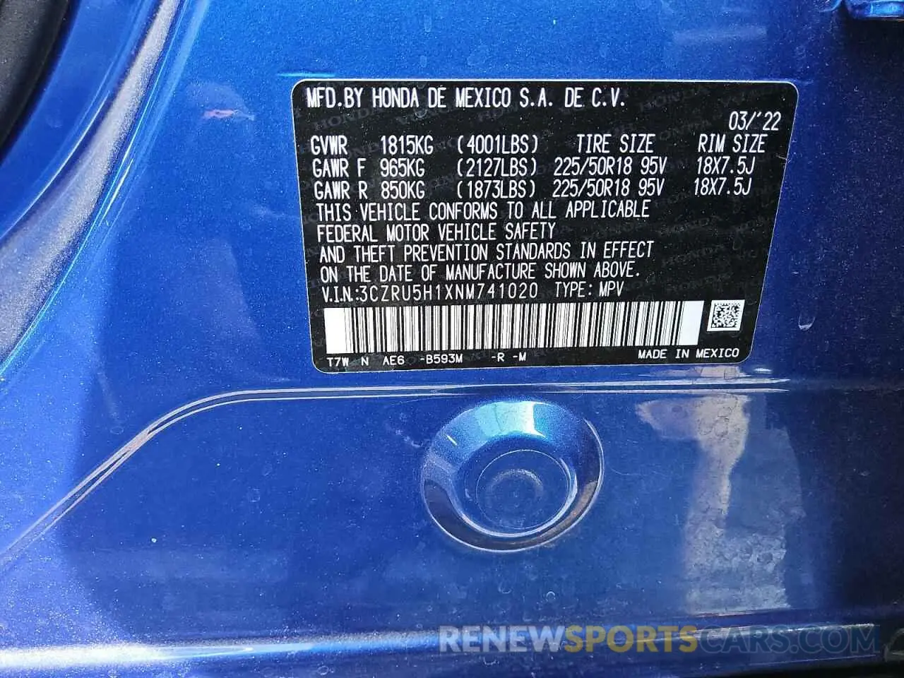 13 Photograph of a damaged car 3CZRU5H1XNM741020 HONDA HR-V 2022