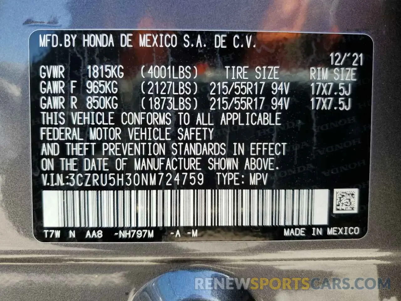 13 Photograph of a damaged car 3CZRU5H30NM724759 HONDA HR-V 2022