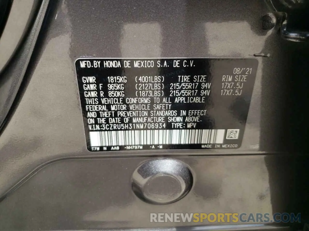14 Photograph of a damaged car 3CZRU5H31NM706934 HONDA HR-V 2022