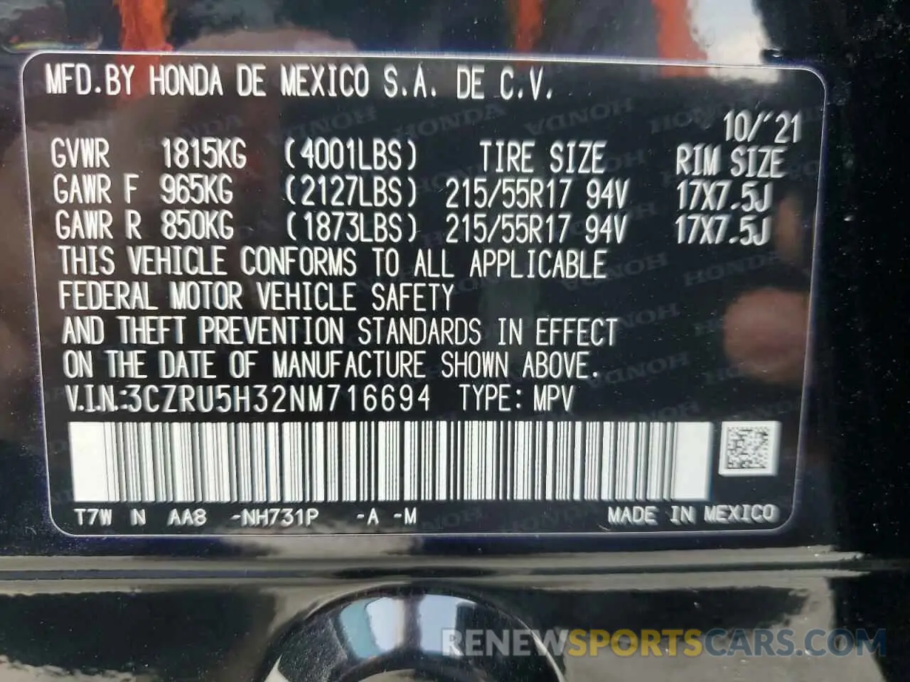 13 Photograph of a damaged car 3CZRU5H32NM716694 HONDA HR-V 2022