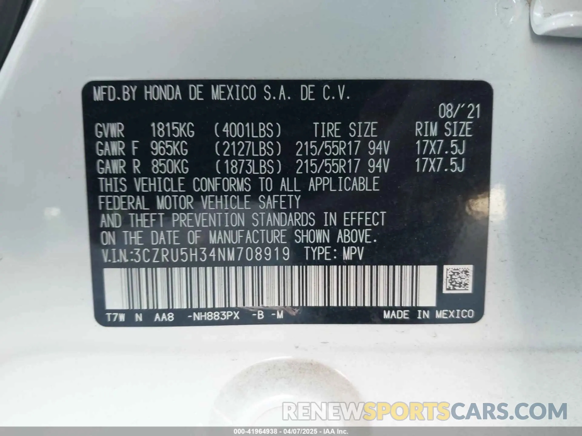 9 Photograph of a damaged car 3CZRU5H34NM708919 HONDA HR-V 2022