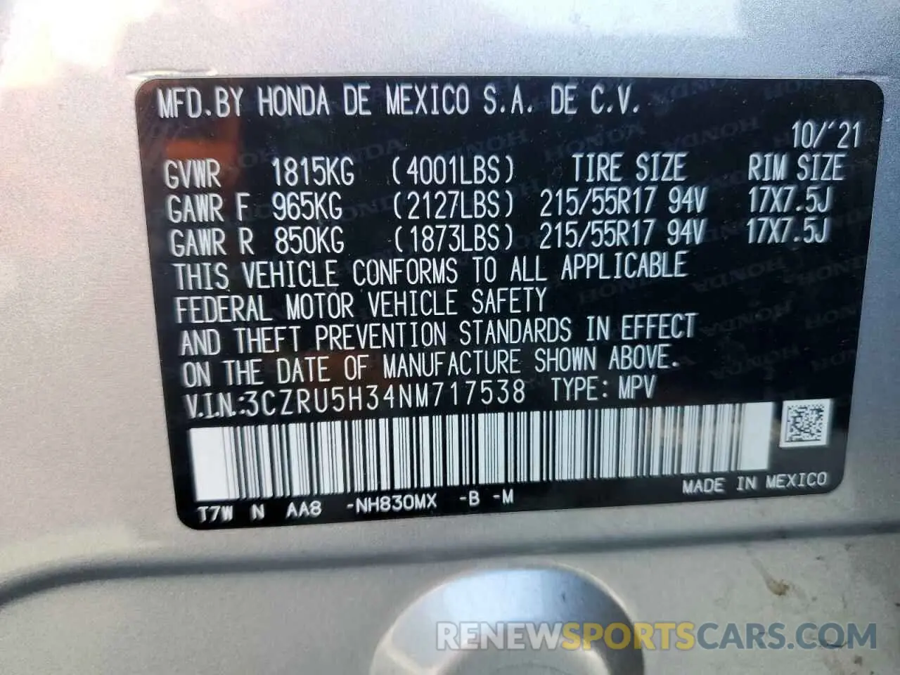 13 Photograph of a damaged car 3CZRU5H34NM717538 HONDA HR-V 2022
