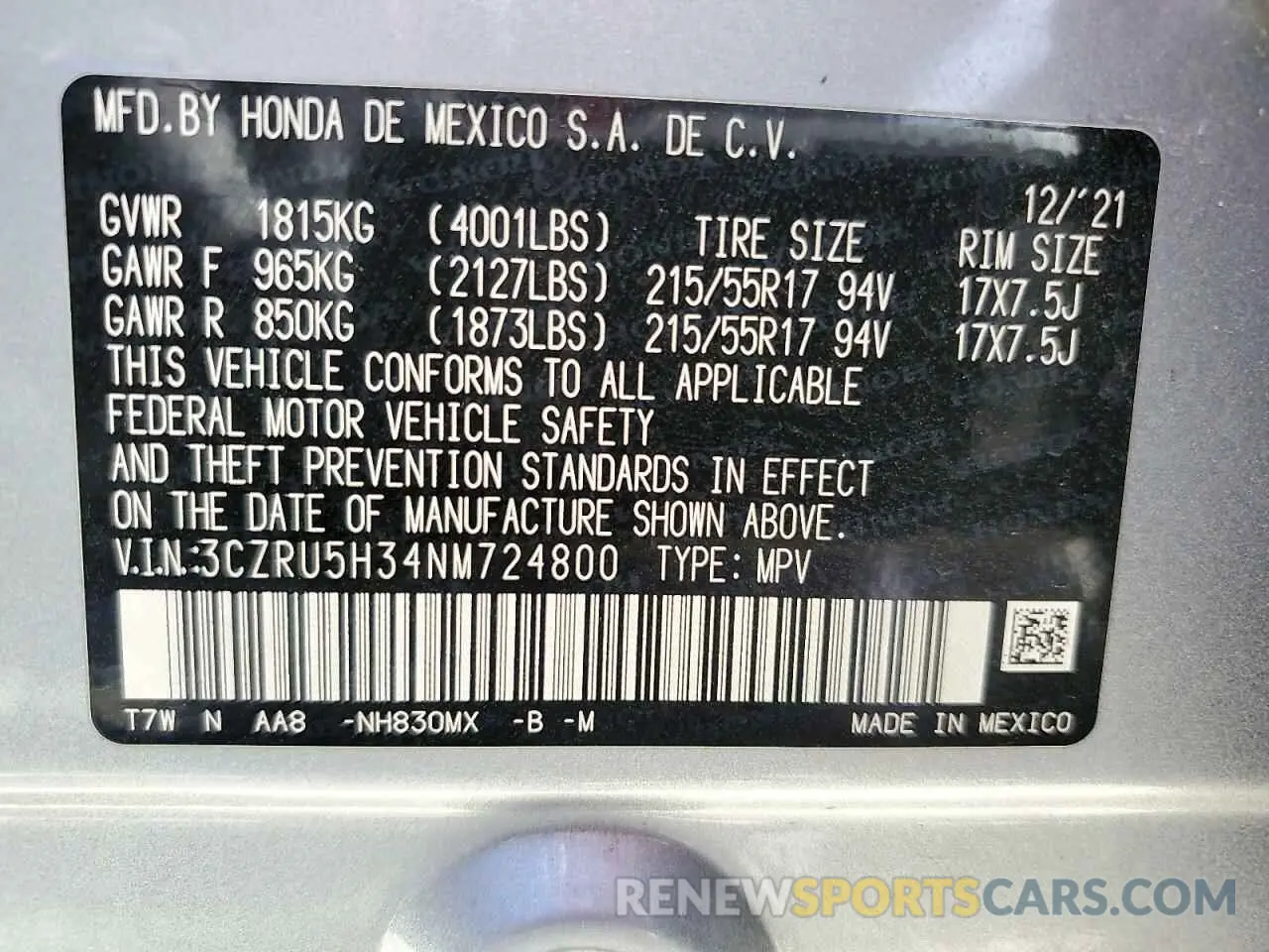 13 Photograph of a damaged car 3CZRU5H34NM724800 HONDA HR-V 2022