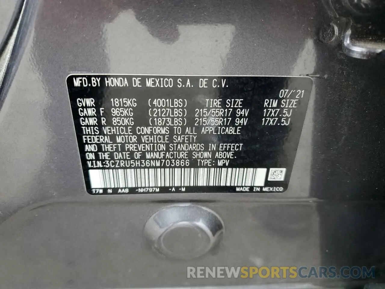14 Photograph of a damaged car 3CZRU5H36NM703866 HONDA HR-V 2022