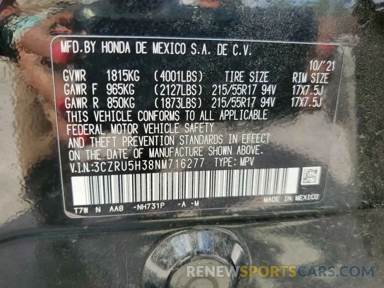 15 Photograph of a damaged car 3CZRU5H38NM716277 HONDA HR-V 2022