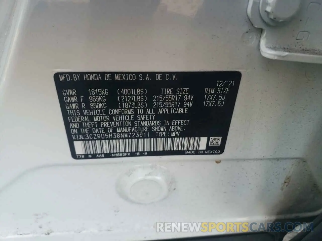 12 Photograph of a damaged car 3CZRU5H38NM723911 HONDA HR-V 2022