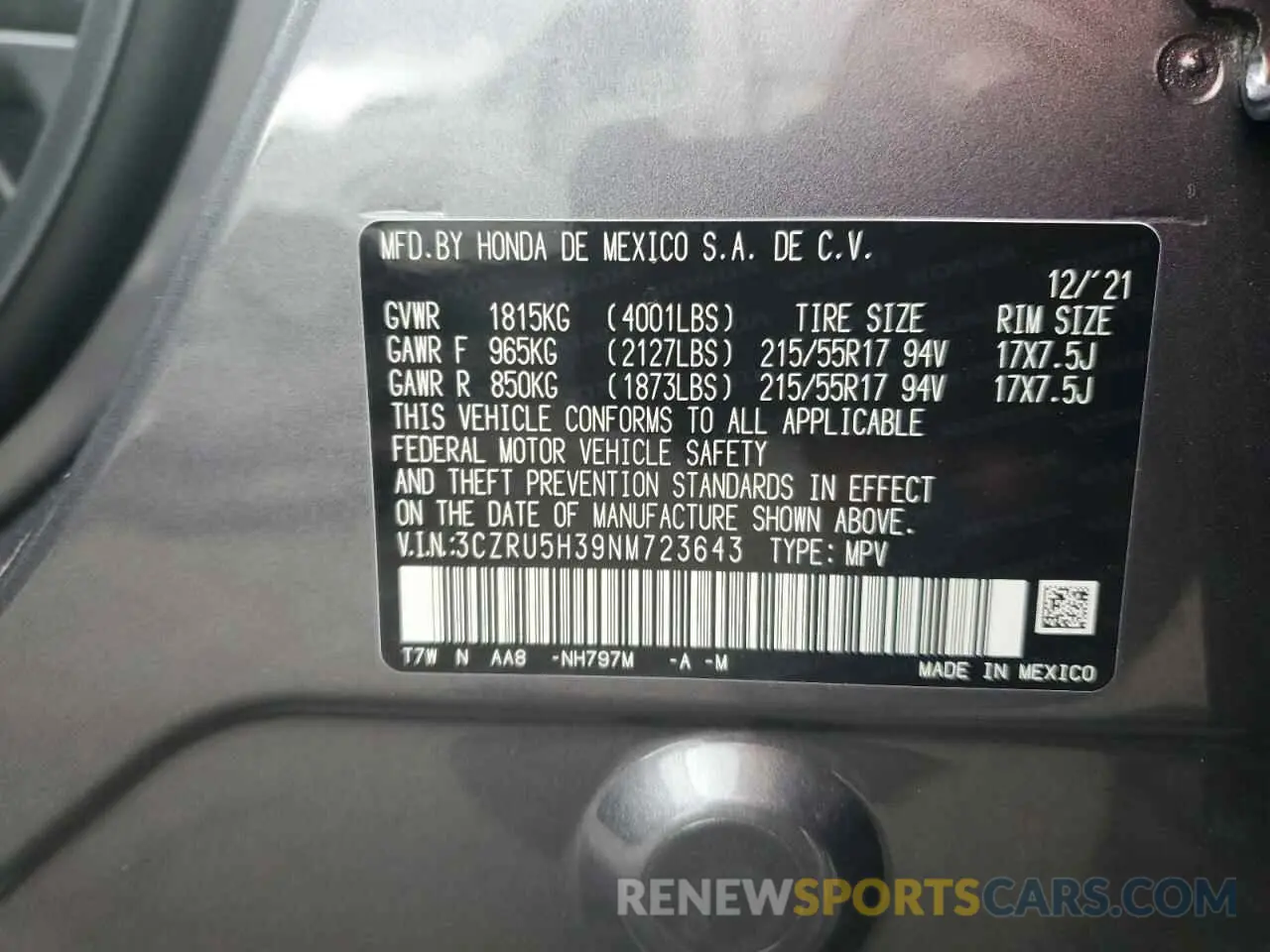 15 Photograph of a damaged car 3CZRU5H39NM723643 HONDA HR-V 2022