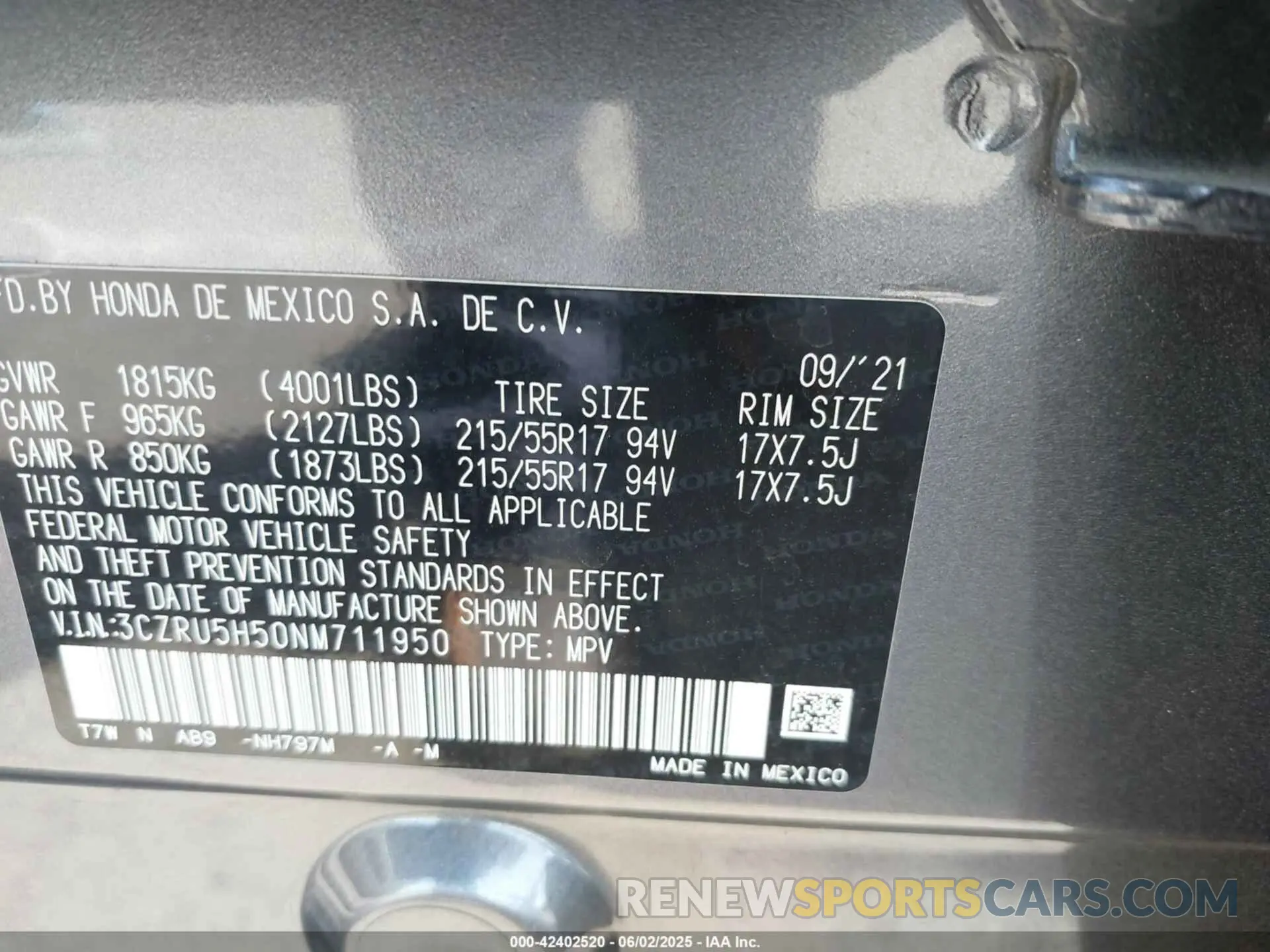9 Photograph of a damaged car 3CZRU5H50NM711950 HONDA HR-V 2022