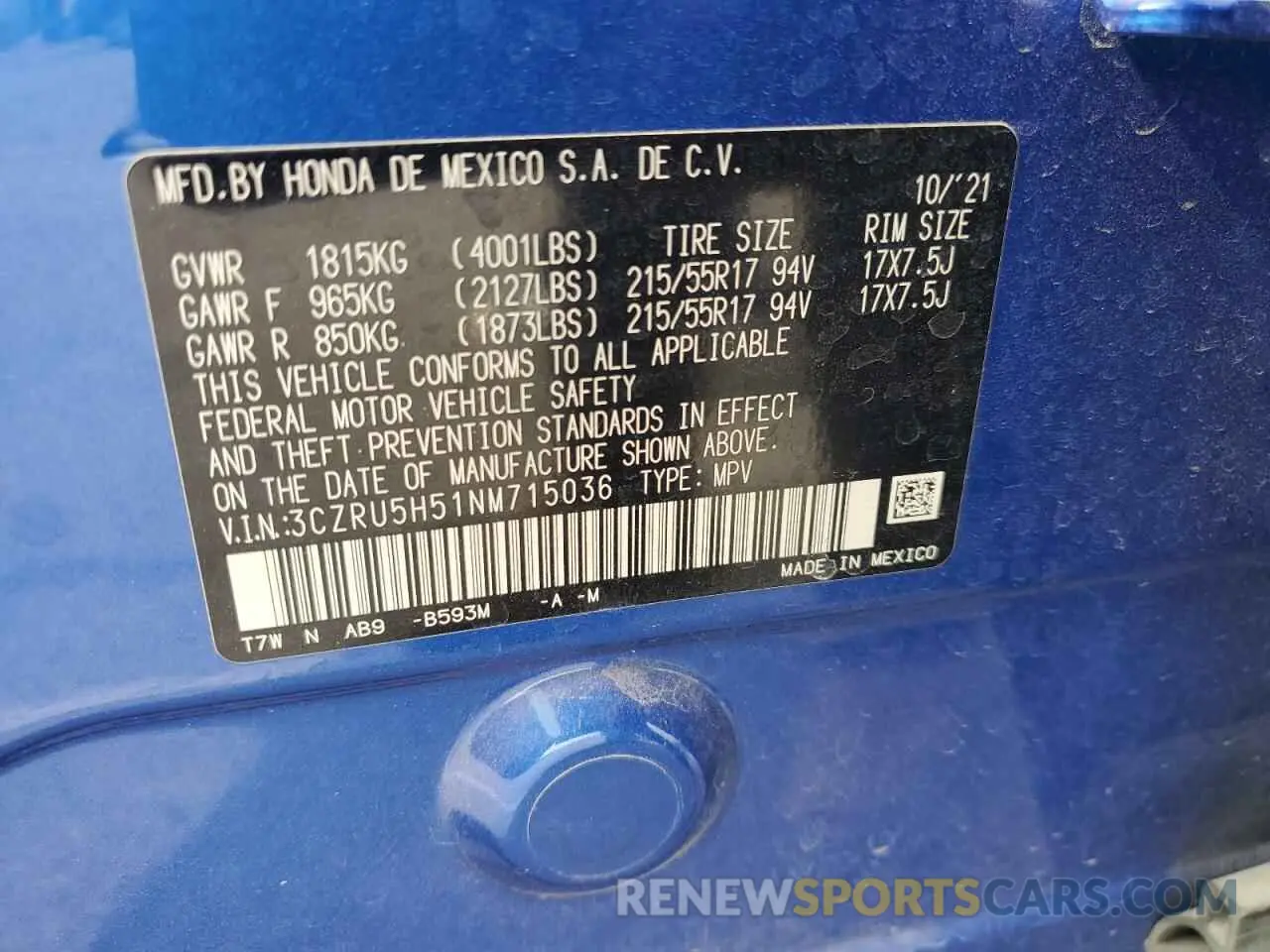 15 Photograph of a damaged car 3CZRU5H51NM715036 HONDA HR-V 2022