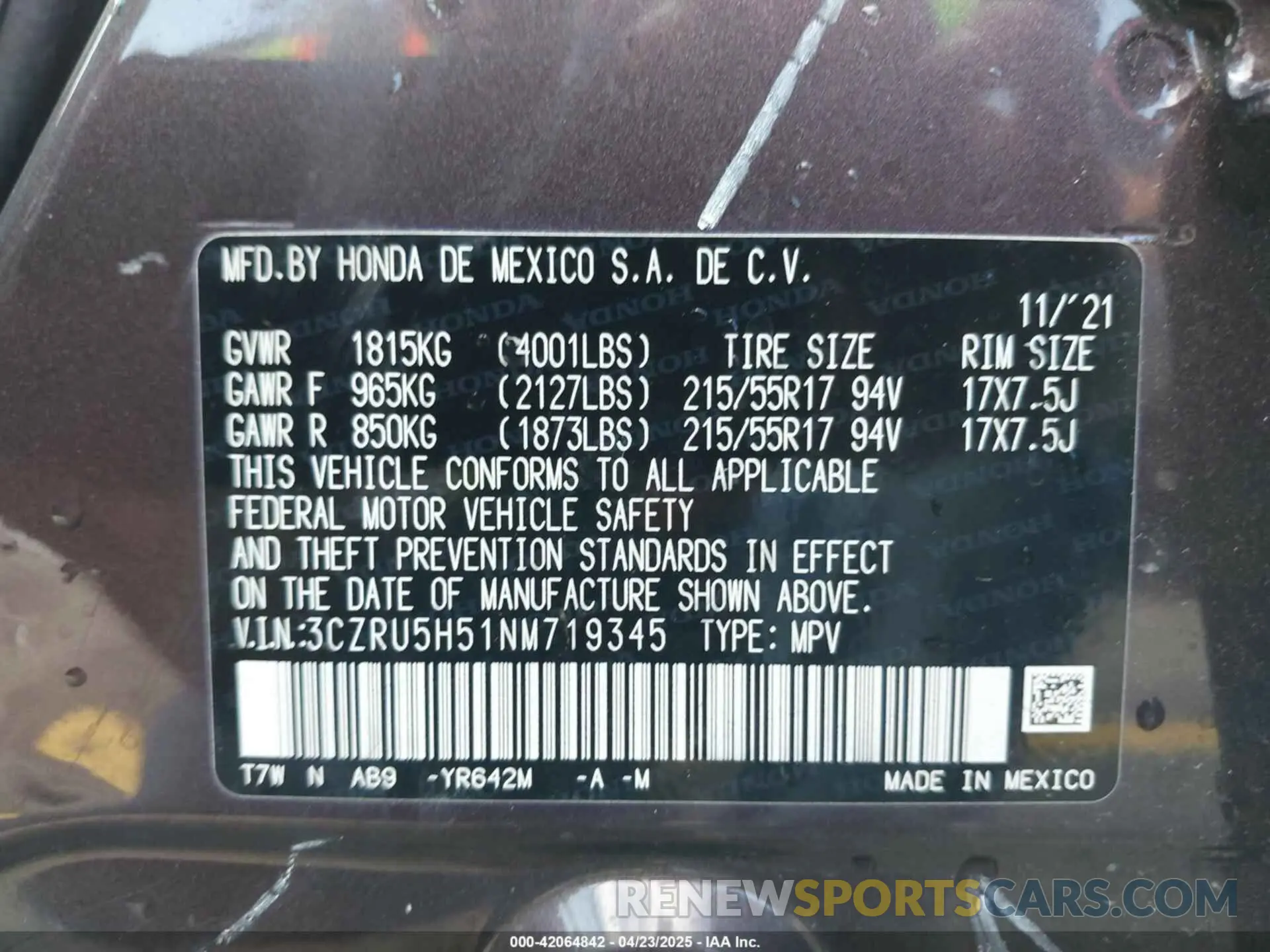 9 Photograph of a damaged car 3CZRU5H51NM719345 HONDA HR-V 2022