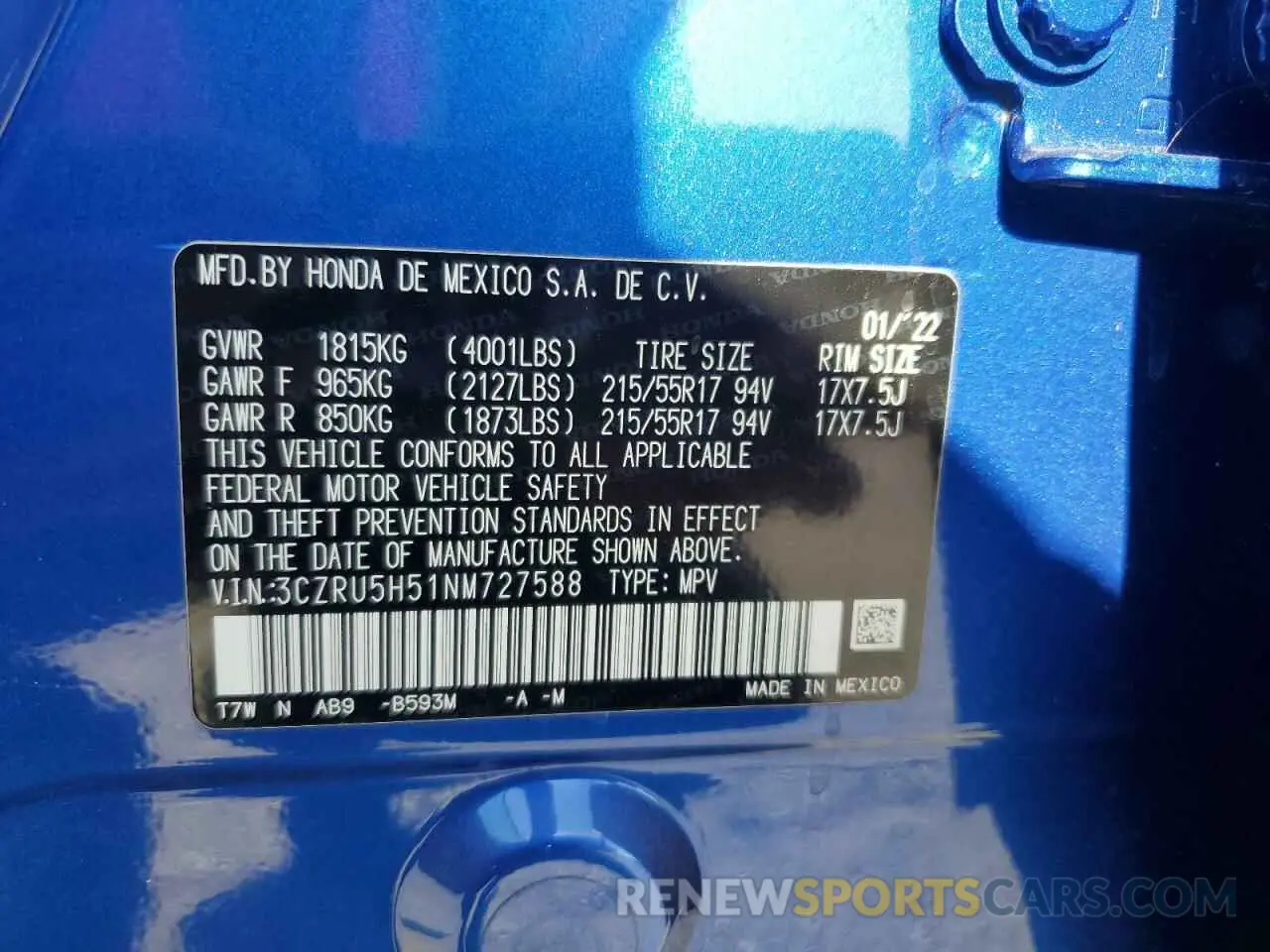 13 Photograph of a damaged car 3CZRU5H51NM727588 HONDA HR-V 2022