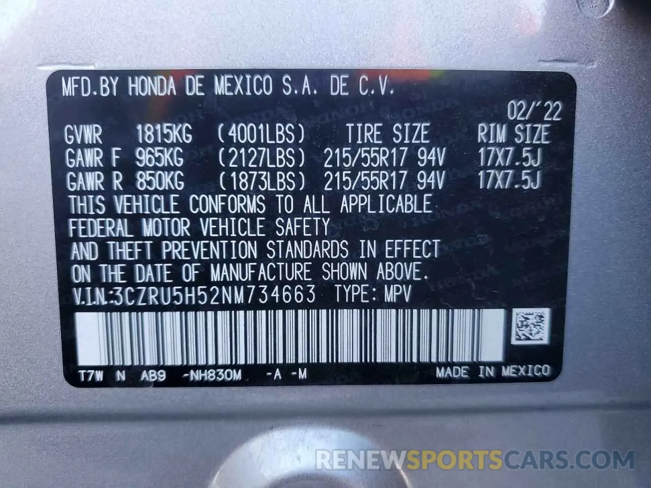14 Photograph of a damaged car 3CZRU5H52NM734663 HONDA HR-V 2022