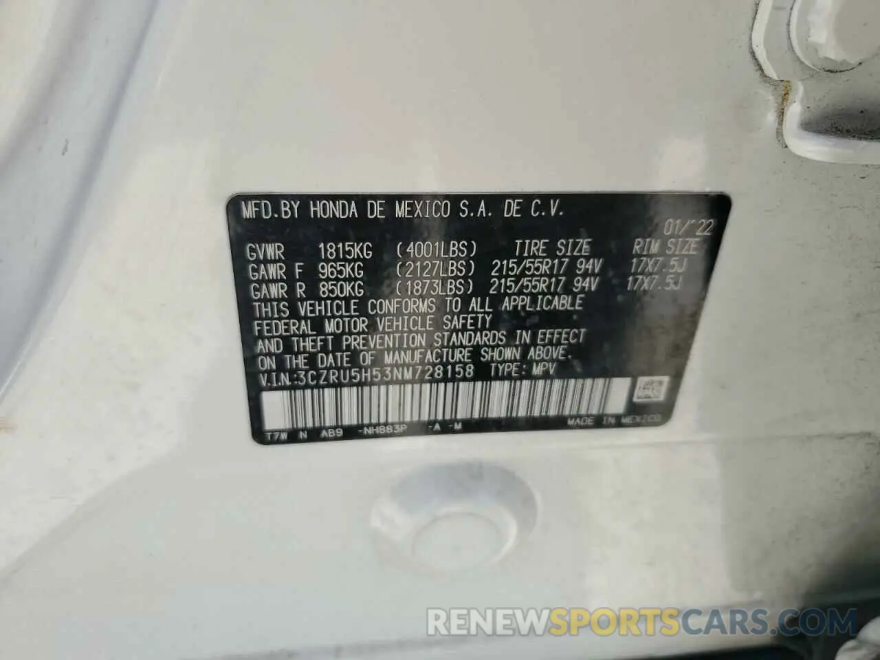 13 Photograph of a damaged car 3CZRU5H53NM728158 HONDA HR-V 2022