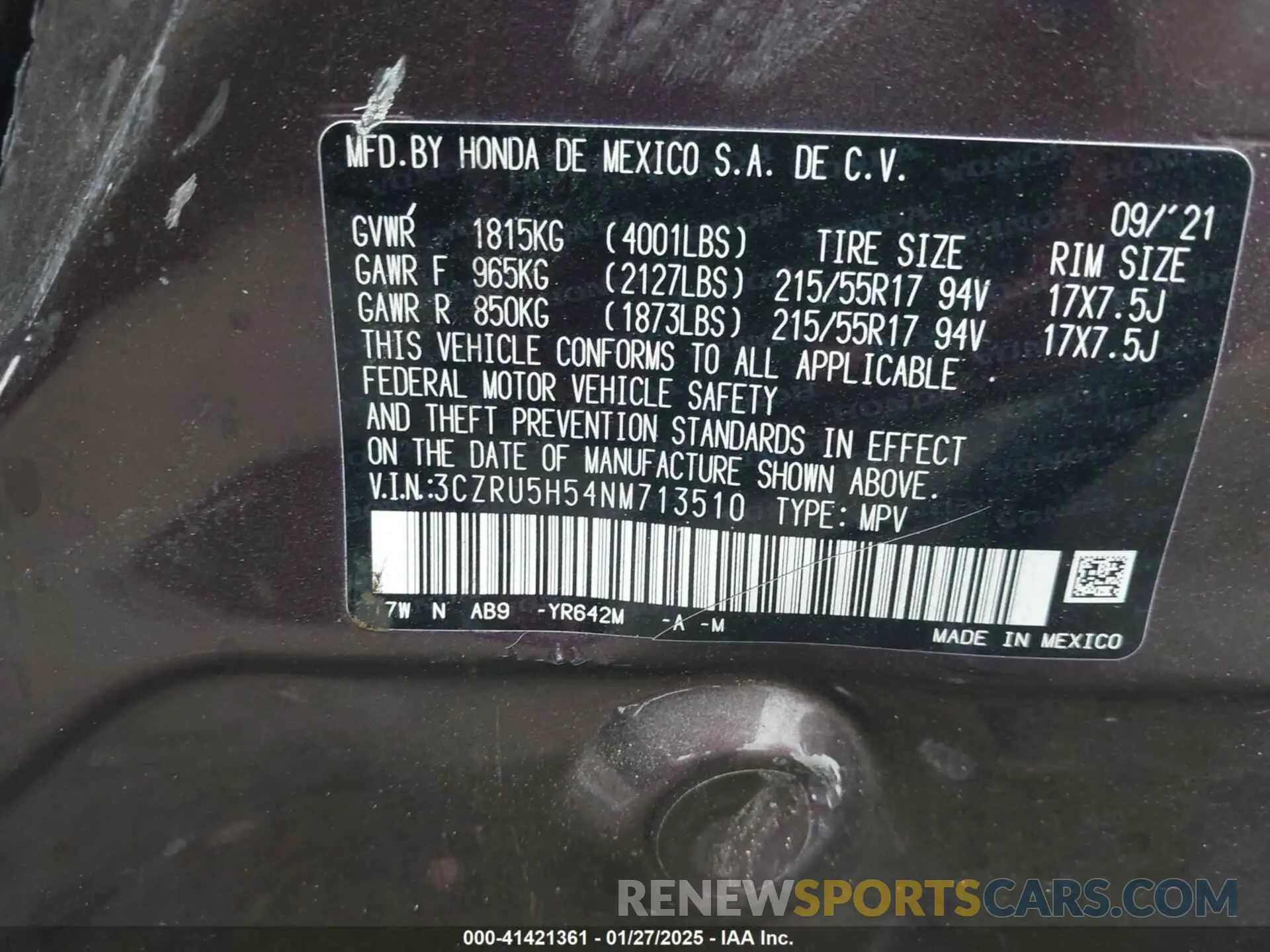 9 Photograph of a damaged car 3CZRU5H54NM713510 HONDA HR-V 2022