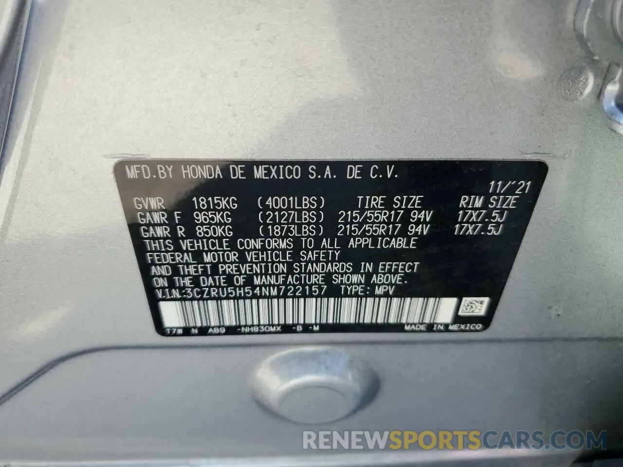 14 Photograph of a damaged car 3CZRU5H54NM722157 HONDA HR-V 2022