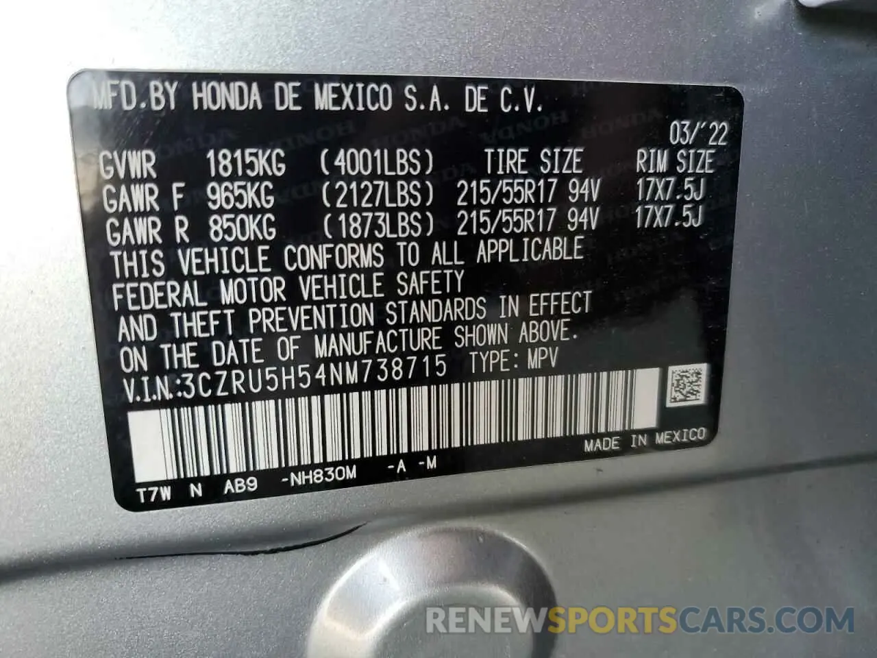 13 Photograph of a damaged car 3CZRU5H54NM738715 HONDA HR-V 2022