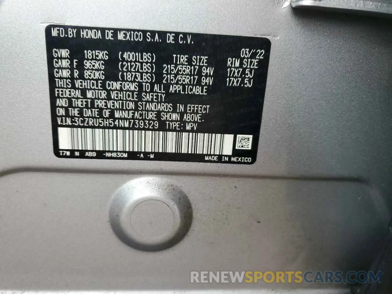 14 Photograph of a damaged car 3CZRU5H54NM739329 HONDA HR-V 2022