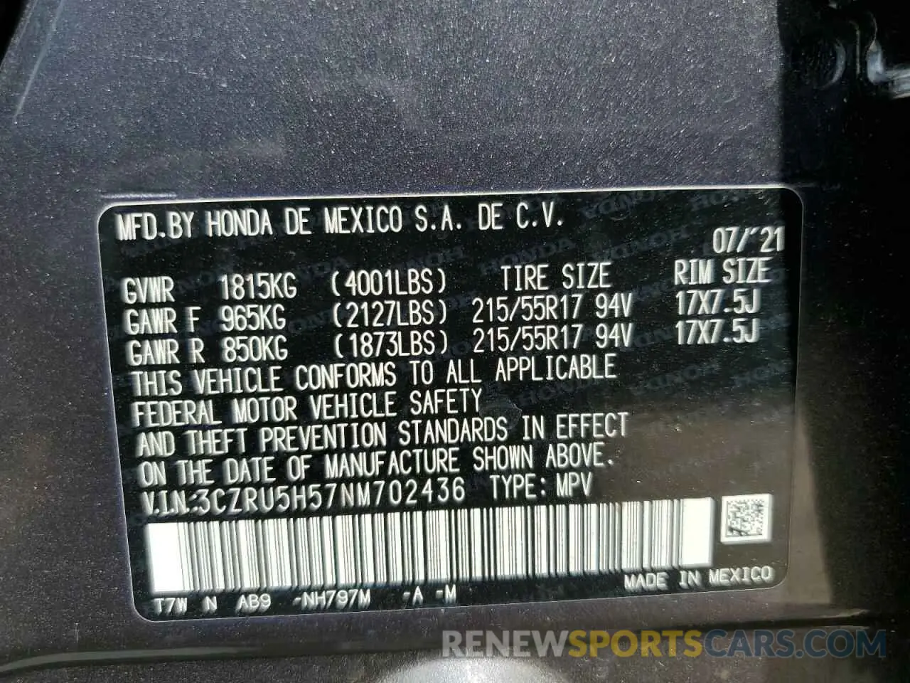 13 Photograph of a damaged car 3CZRU5H57NM702436 HONDA HR-V 2022