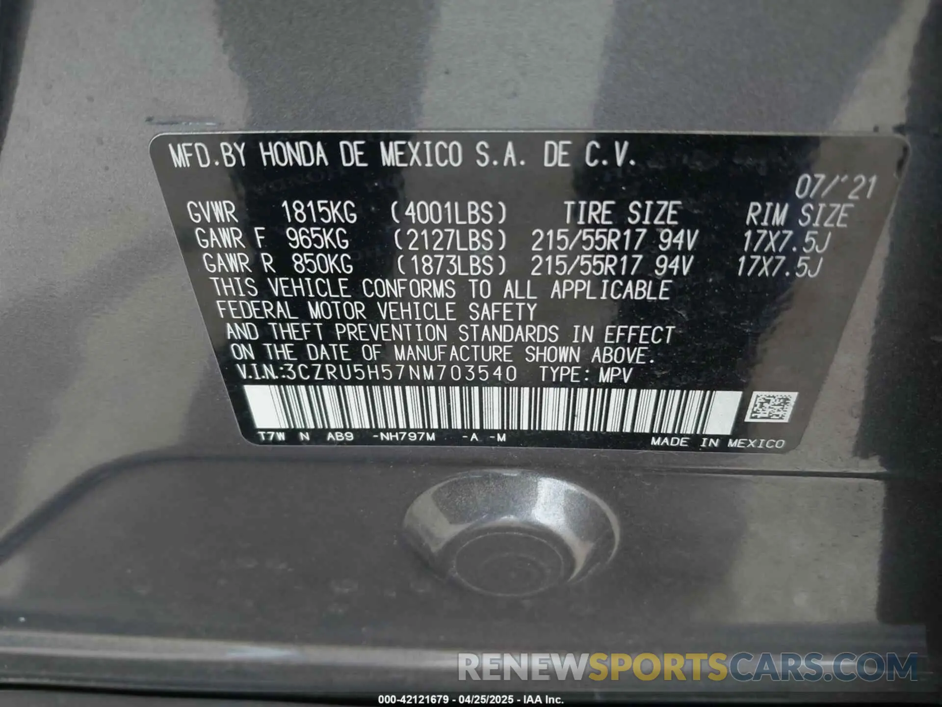 9 Photograph of a damaged car 3CZRU5H57NM703540 HONDA HR-V 2022