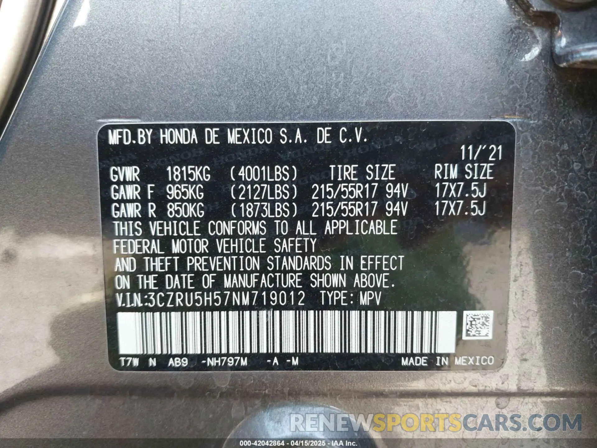 9 Photograph of a damaged car 3CZRU5H57NM719012 HONDA HR-V 2022