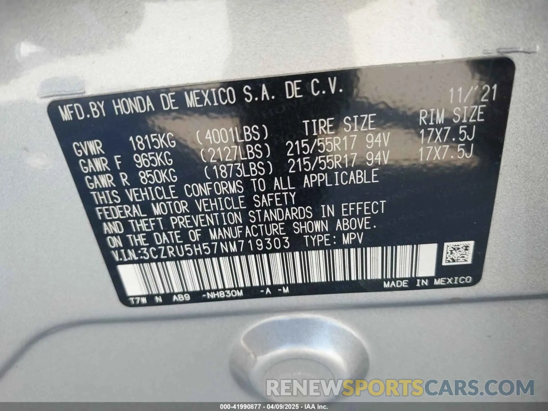 9 Photograph of a damaged car 3CZRU5H57NM719303 HONDA HR-V 2022