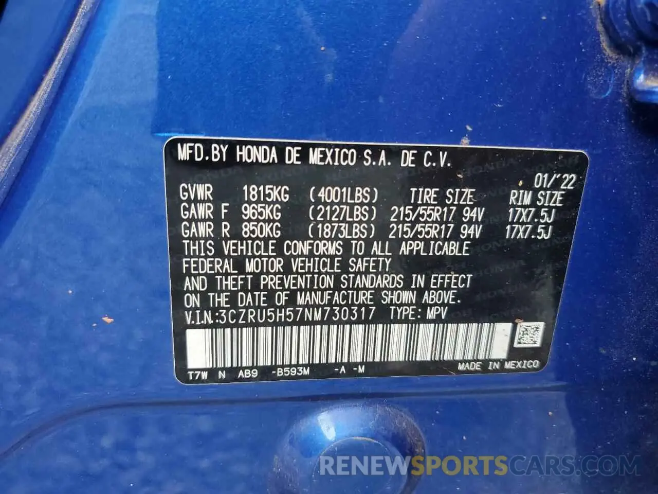 13 Photograph of a damaged car 3CZRU5H57NM730317 HONDA HR-V 2022