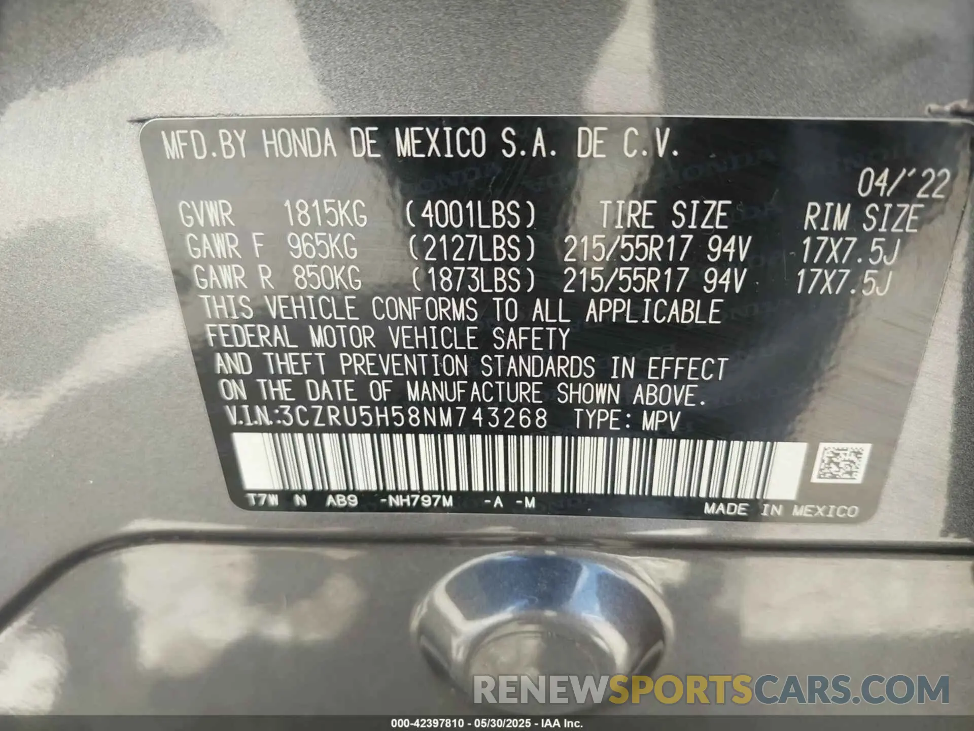 9 Photograph of a damaged car 3CZRU5H58NM743268 HONDA HR-V 2022