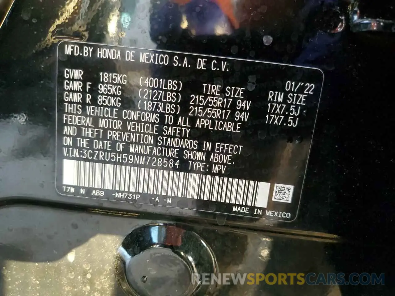 14 Photograph of a damaged car 3CZRU5H59NM728584 HONDA HR-V 2022