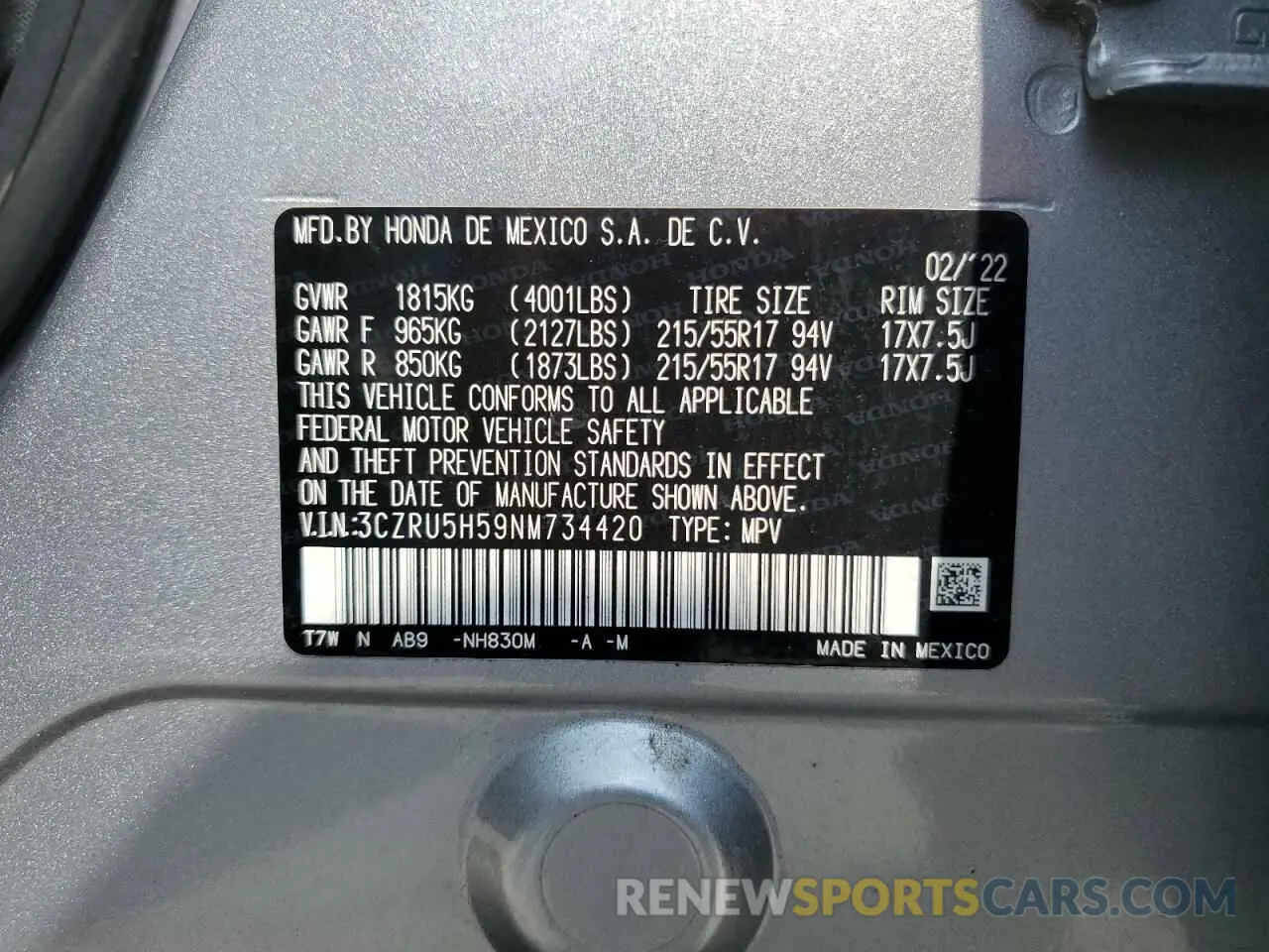 14 Photograph of a damaged car 3CZRU5H59NM734420 HONDA HR-V 2022