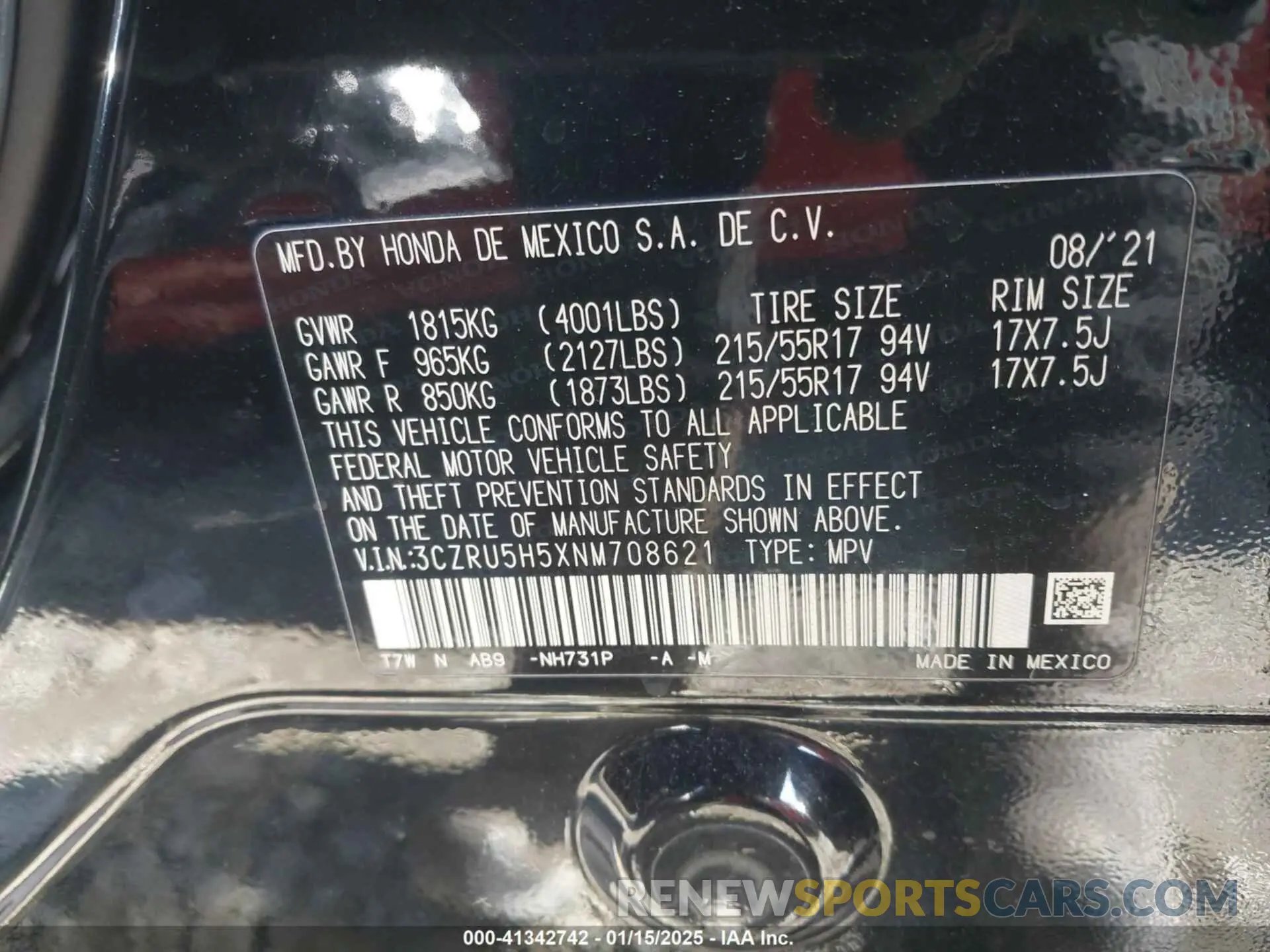 9 Photograph of a damaged car 3CZRU5H5XNM708621 HONDA HR-V 2022