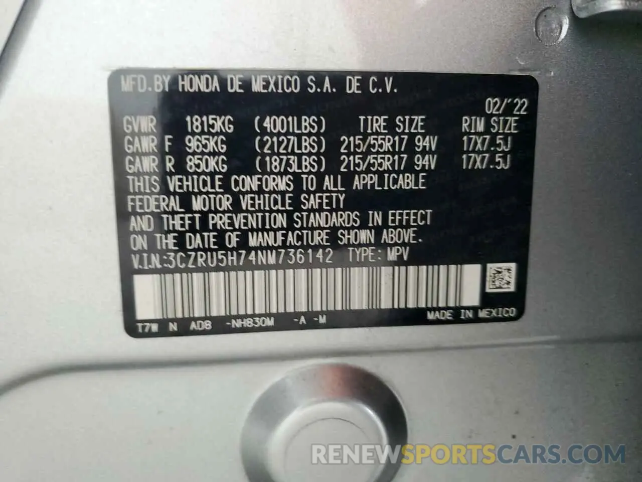 13 Photograph of a damaged car 3CZRU5H74NM736142 HONDA HR-V 2022