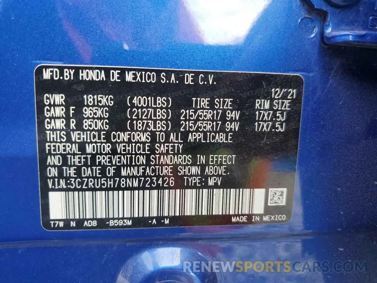 15 Photograph of a damaged car 3CZRU5H78NM723426 HONDA HR-V 2022