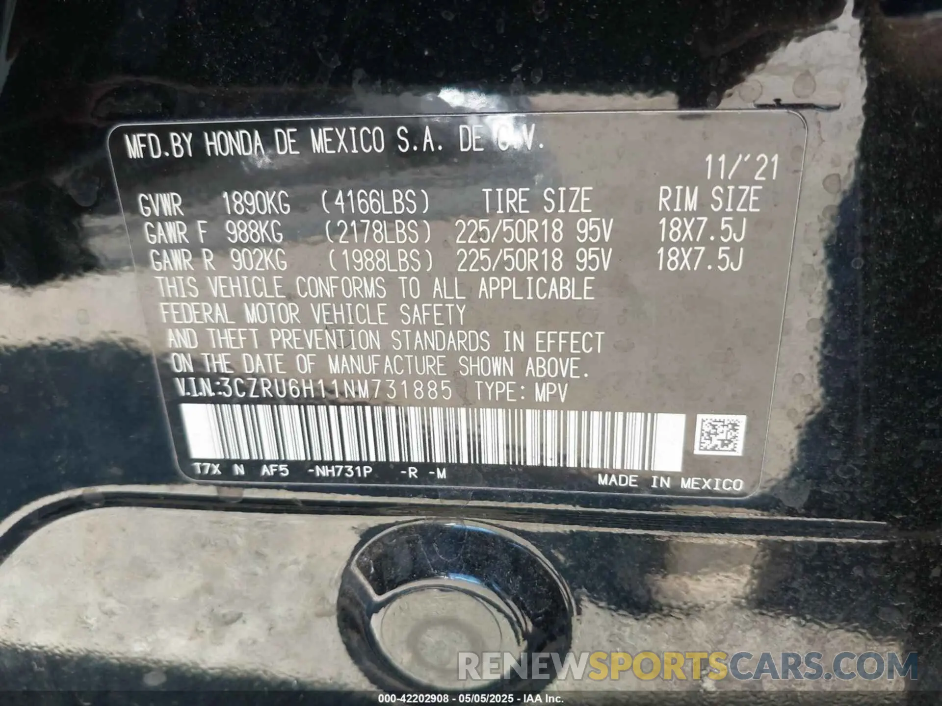 9 Photograph of a damaged car 3CZRU6H11NM731885 HONDA HR-V 2022