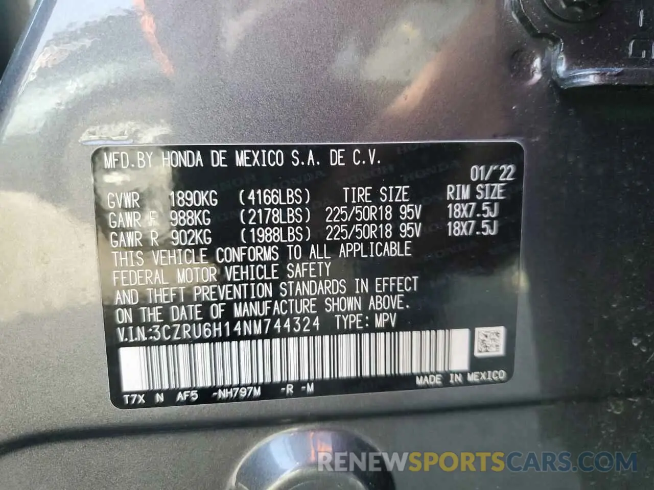 12 Photograph of a damaged car 3CZRU6H14NM744324 HONDA HR-V 2022