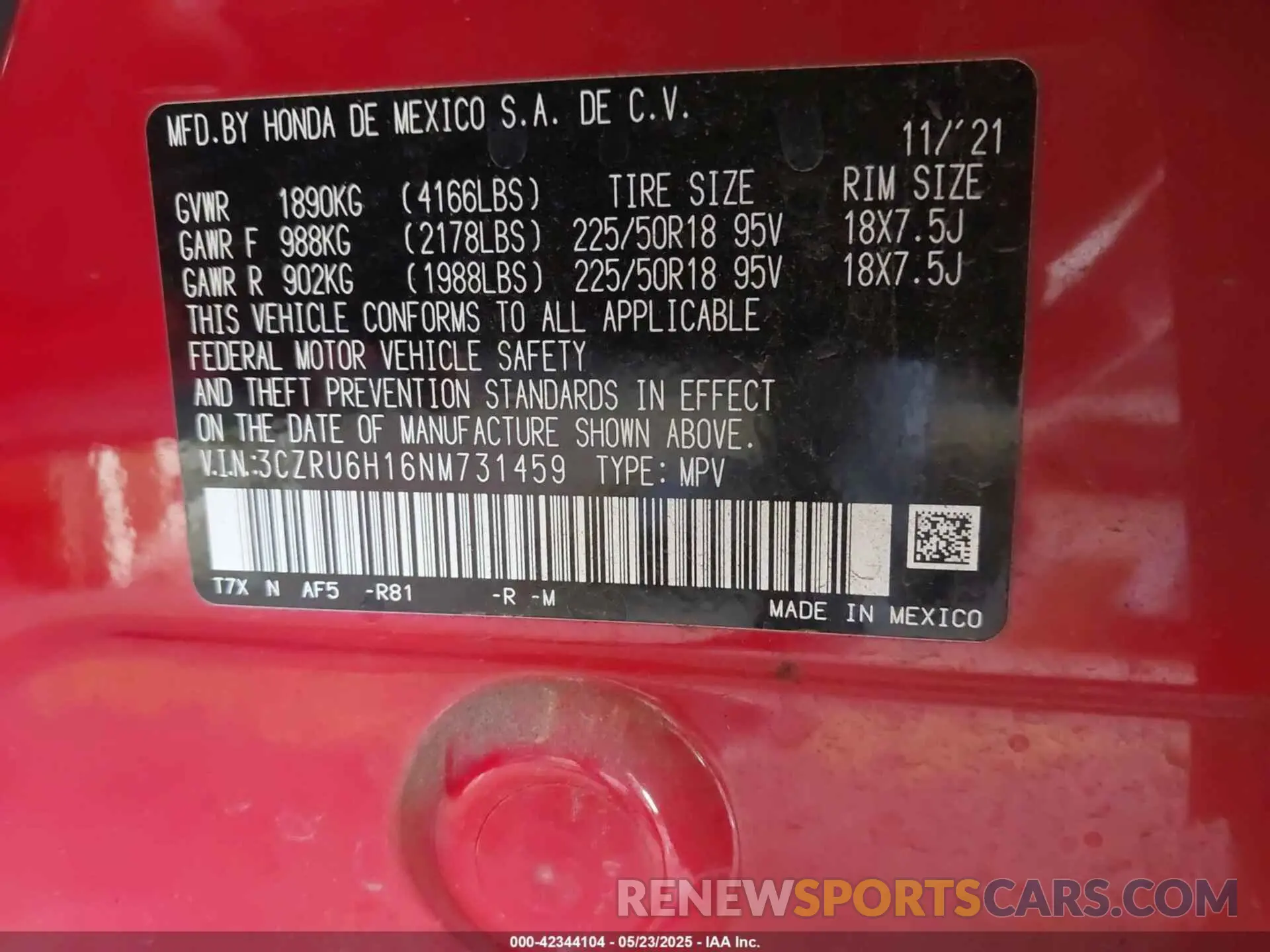 9 Photograph of a damaged car 3CZRU6H16NM731459 HONDA HR-V 2022