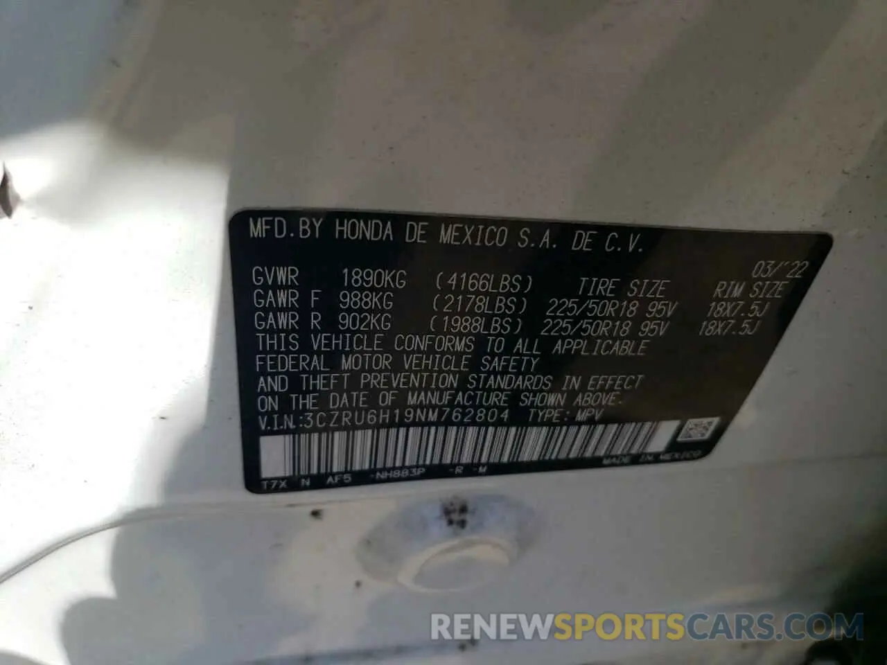 13 Photograph of a damaged car 3CZRU6H19NM762804 HONDA HR-V 2022