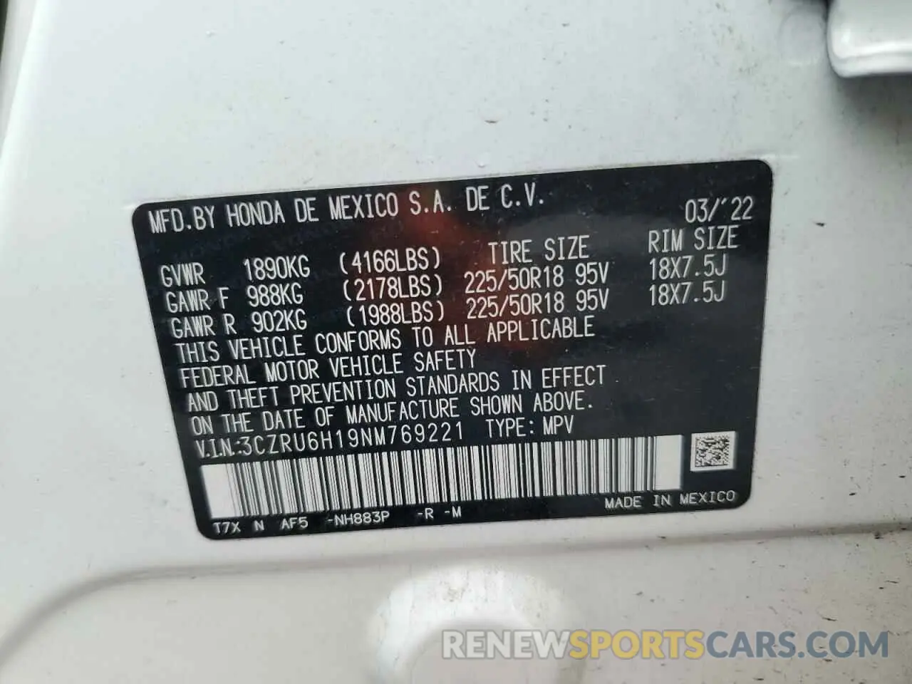 15 Photograph of a damaged car 3CZRU6H19NM769221 HONDA HR-V 2022