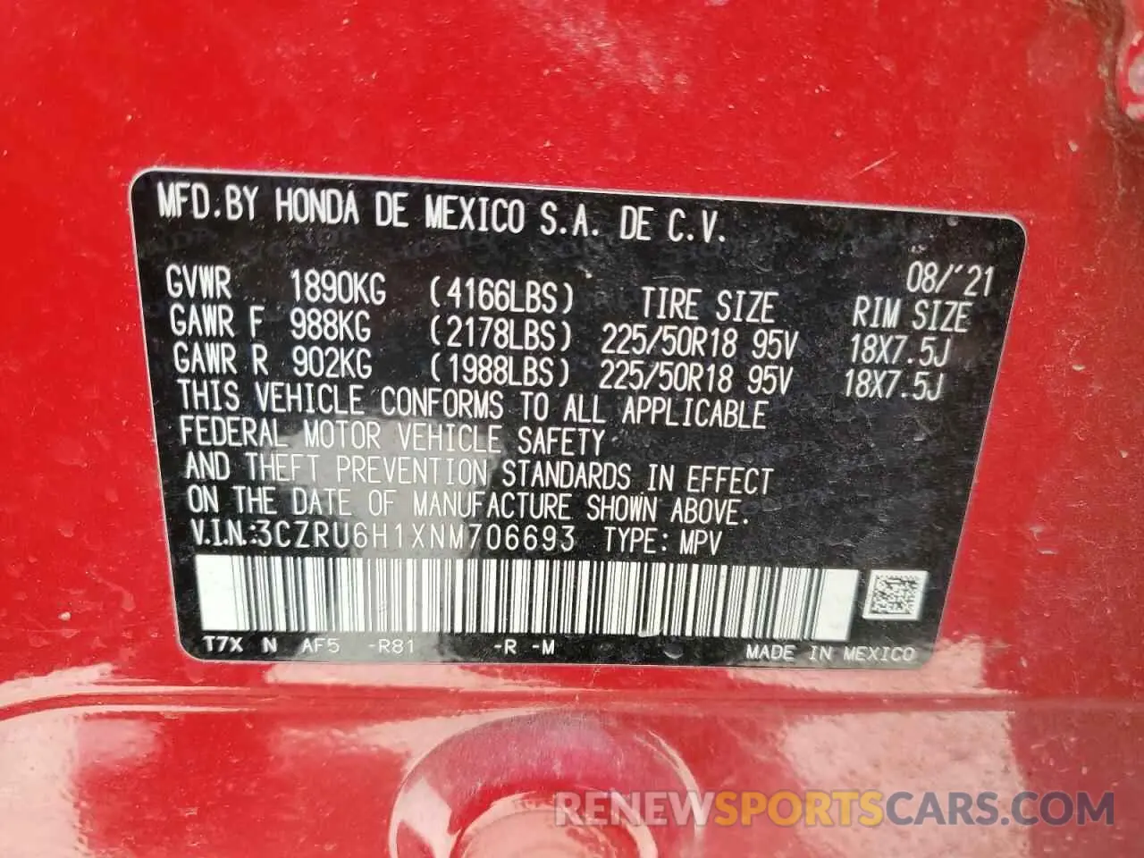 14 Photograph of a damaged car 3CZRU6H1XNM706693 HONDA HR-V 2022