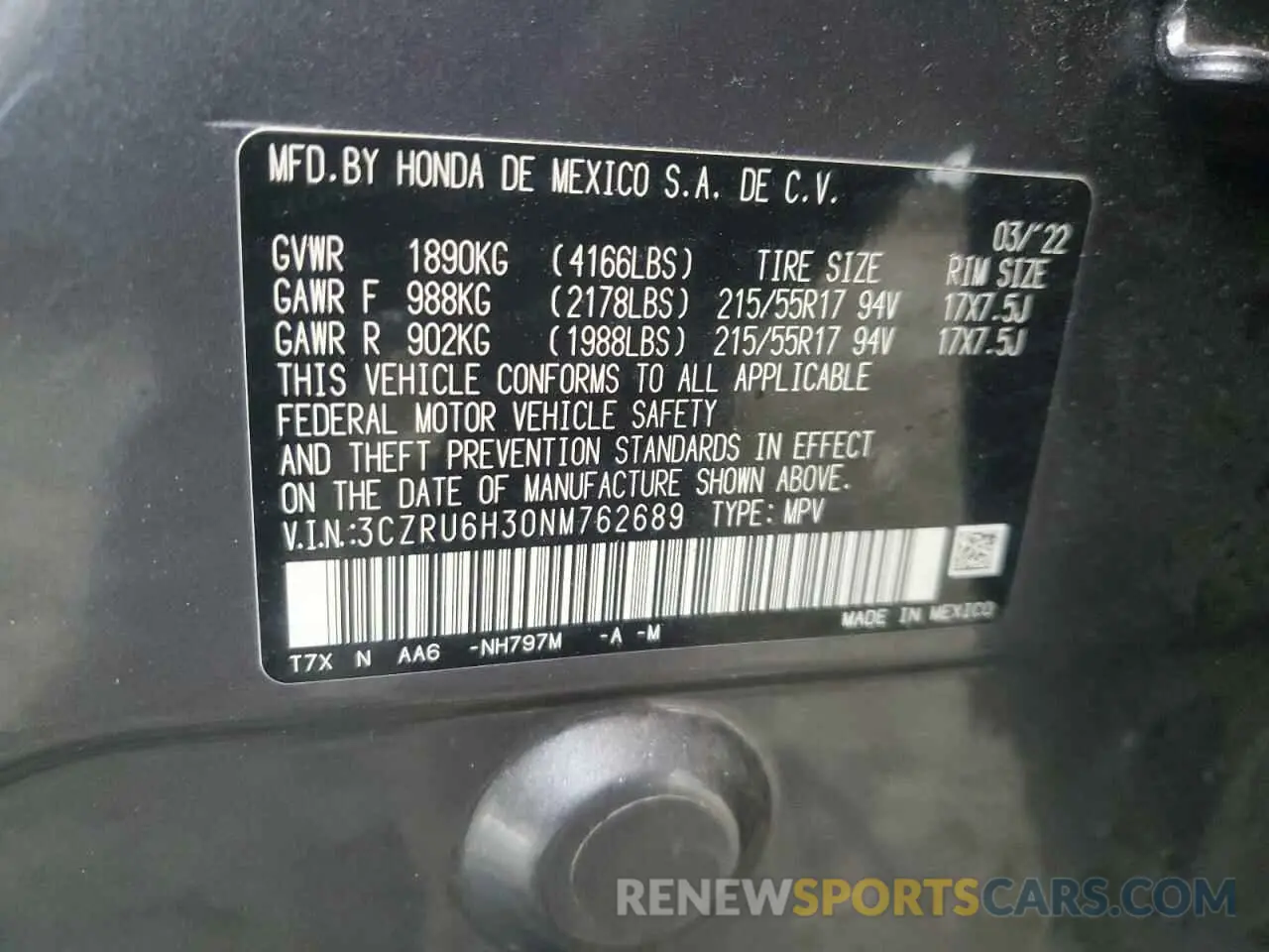 13 Photograph of a damaged car 3CZRU6H30NM762689 HONDA HR-V 2022