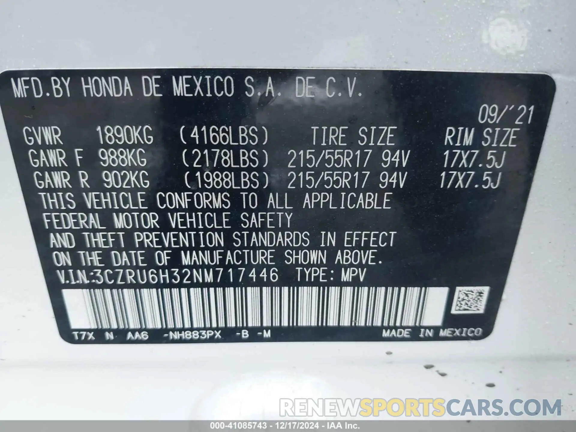9 Photograph of a damaged car 3CZRU6H32NM717446 HONDA HR-V 2022