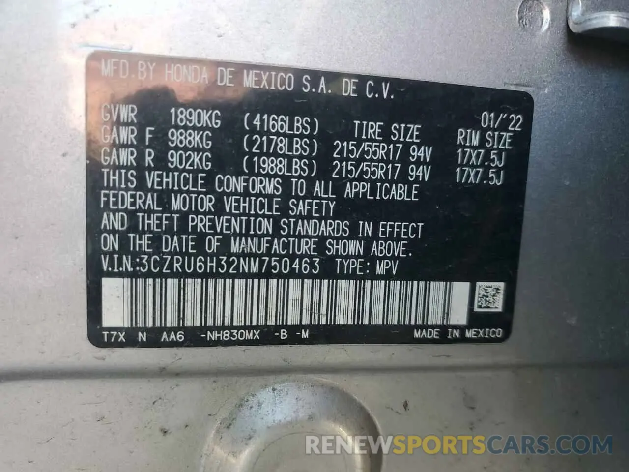 14 Photograph of a damaged car 3CZRU6H32NM750463 HONDA HR-V 2022