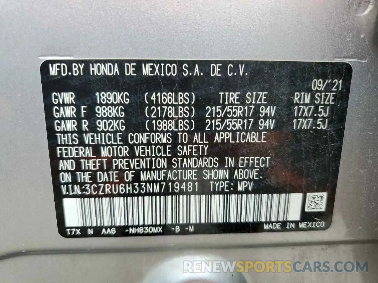 13 Photograph of a damaged car 3CZRU6H33NM719481 HONDA HR-V 2022