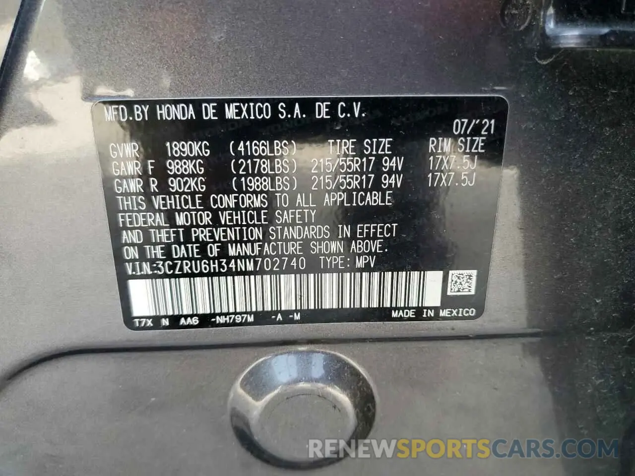 14 Photograph of a damaged car 3CZRU6H34NM702740 HONDA HR-V 2022